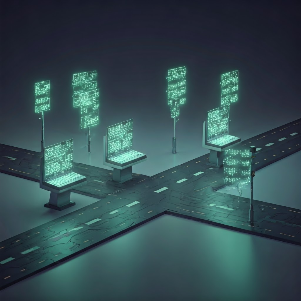 Low-poly art of data blocks obeying traffic lights, symbolizing TCP/IP protocols.