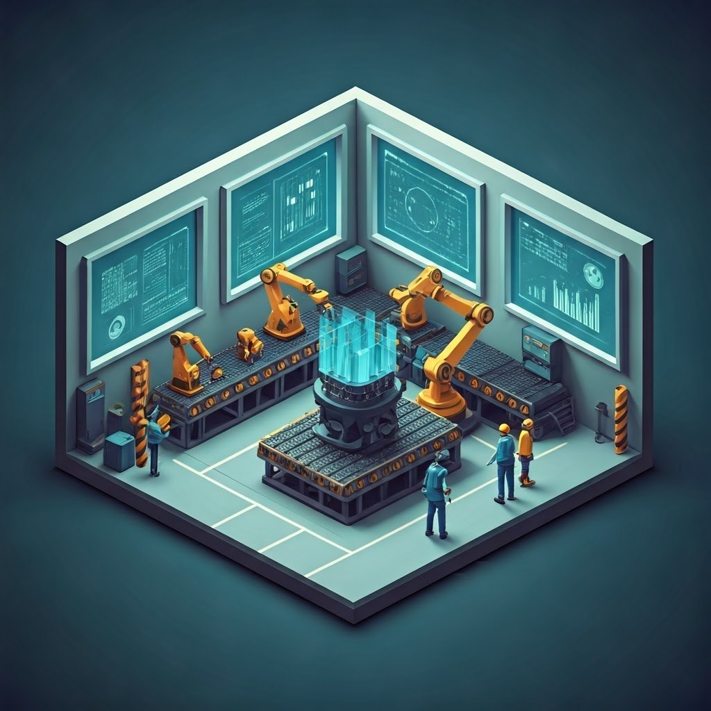 Isometric digital twin factory with technicians inspecting virtual machines via tablets