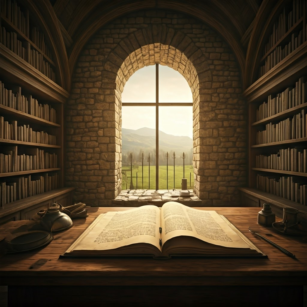 An ancient monastery in the early morning light, where monks study and preserve treasured books. Warm, earthy tones convey quiet diligence.