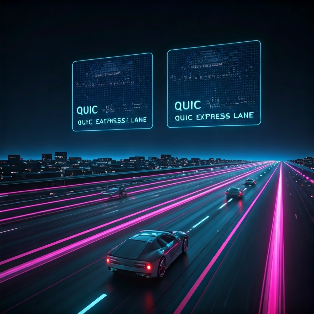 Neon digital highway with data vehicles showing HTTP/2 multiplexing and QUIC express lanes.