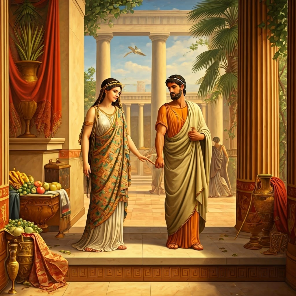 An Athenian wedding courtyard displays a bride, groom, and a guardian holding the dowry box, underlining marriage as an economic alliance.