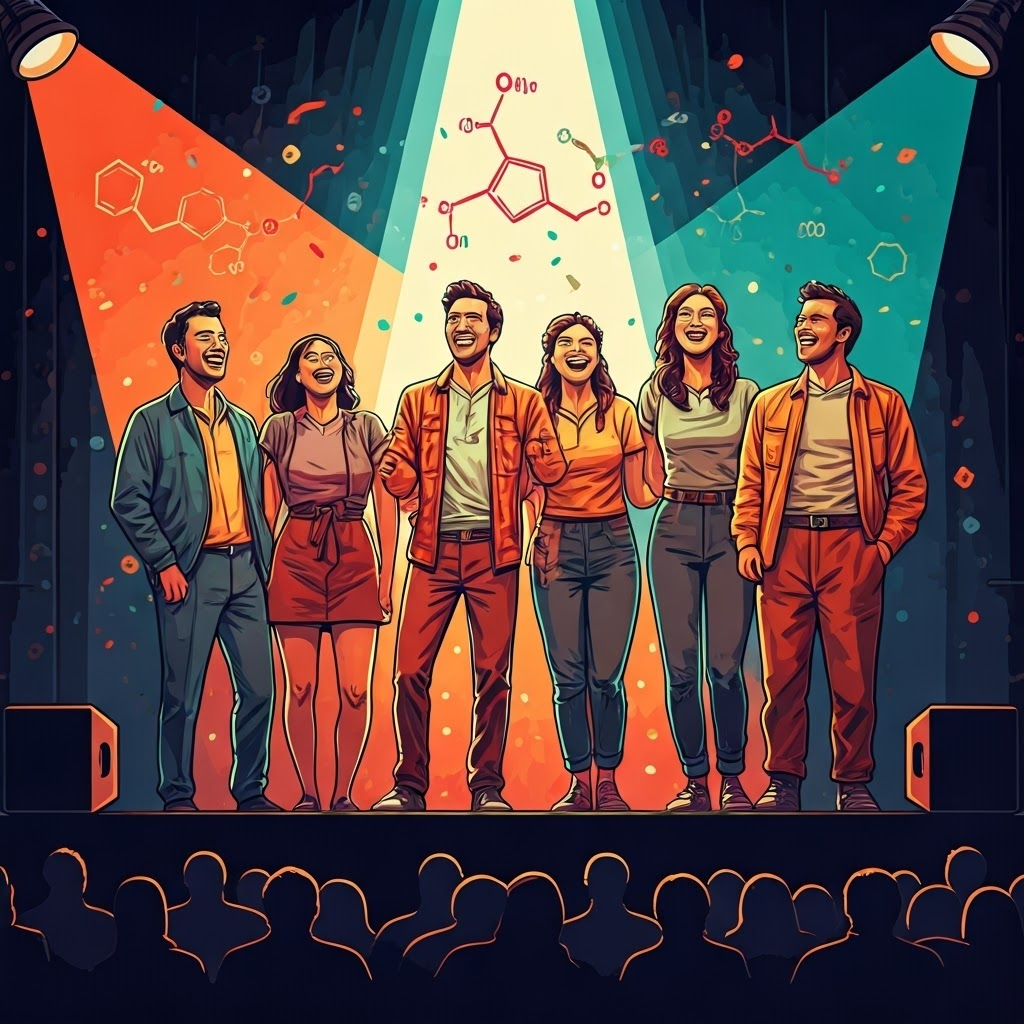 Colorful street-art scene with actors and confetti endorphin symbols celebrating joyful, playful risk-taking.