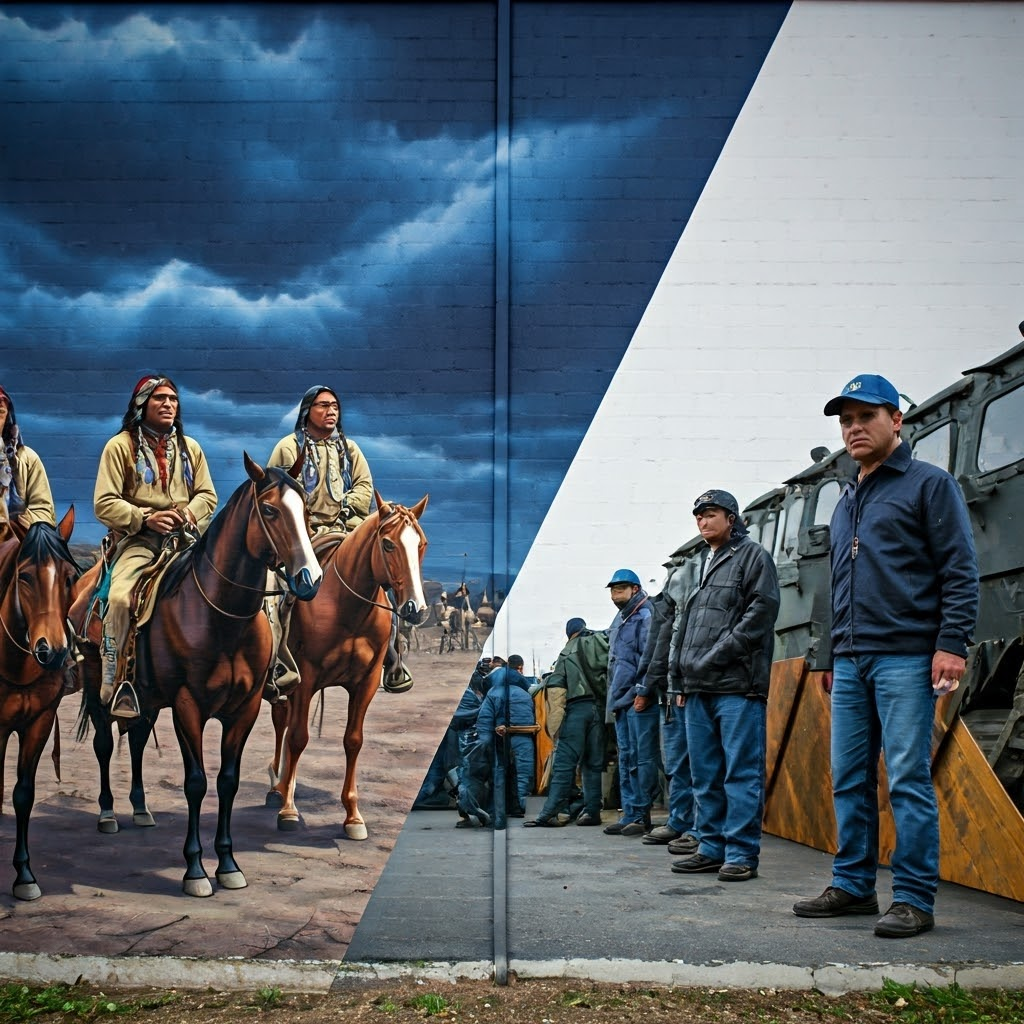 Split mural: Oglala Lakota on horseback guard Wounded Knee; Mohawk land defenders face police at Oka.