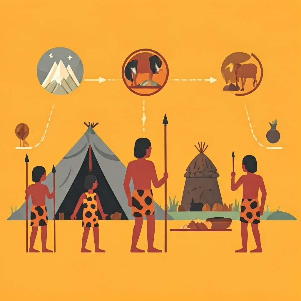 Flat-design graphic of early humans passing spears, building shelters, and sharing food.