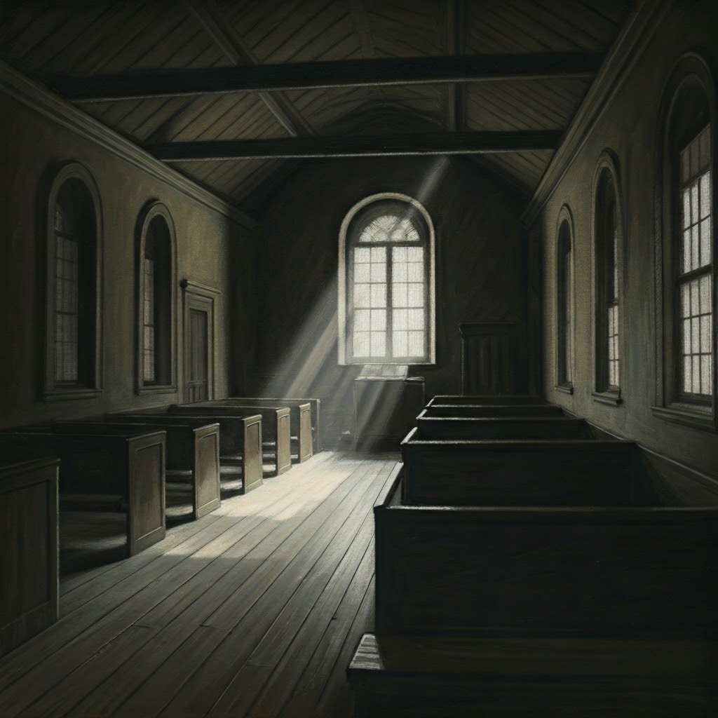 Quiet Quaker meetinghouse with plain benches and one beam of sunlight in open space