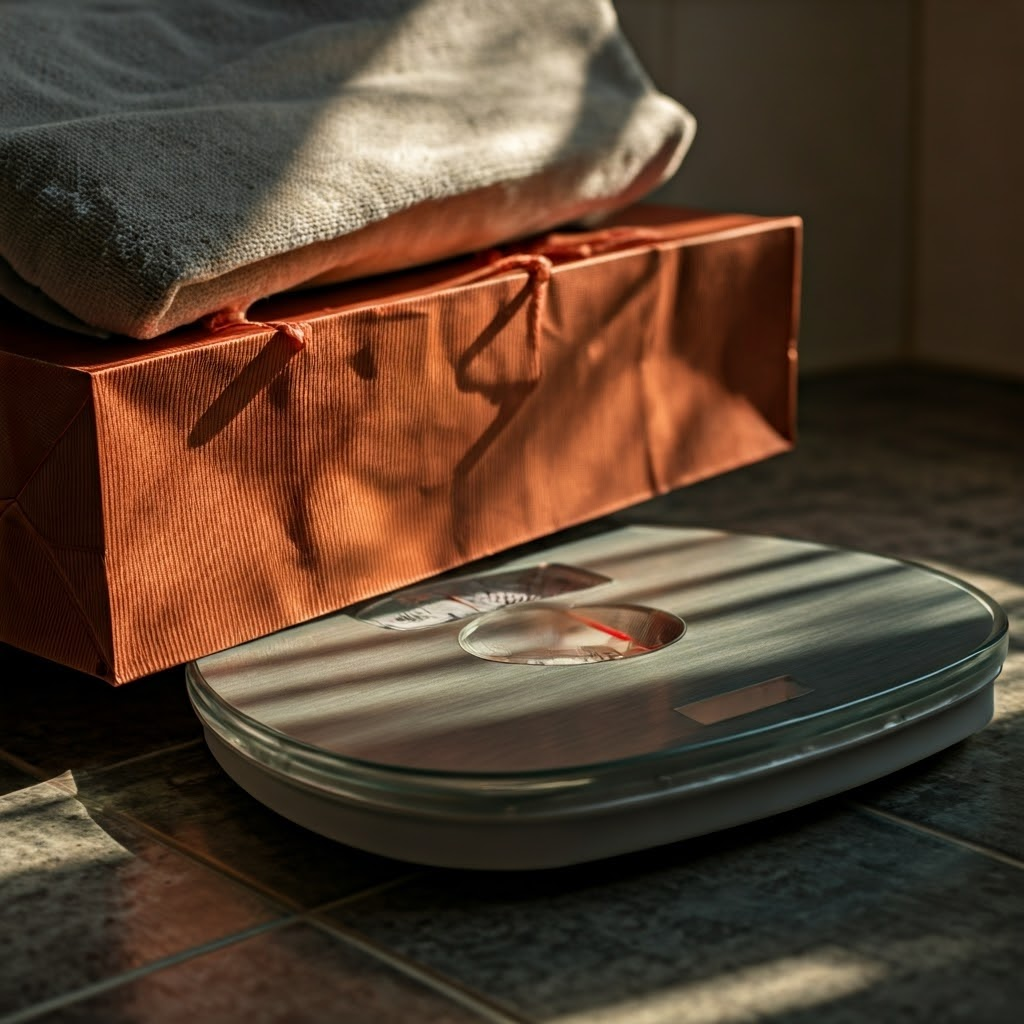 Bathroom scale reading under a heavy bag, symbolizing changing weight