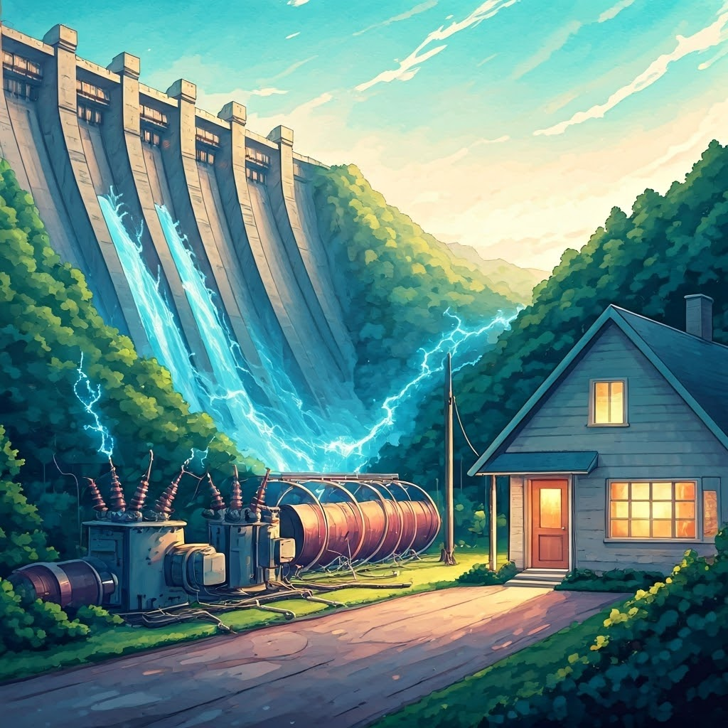 Dreamy watercolor of electrons flowing from a hydro dam through transformers into a glowing suburban home