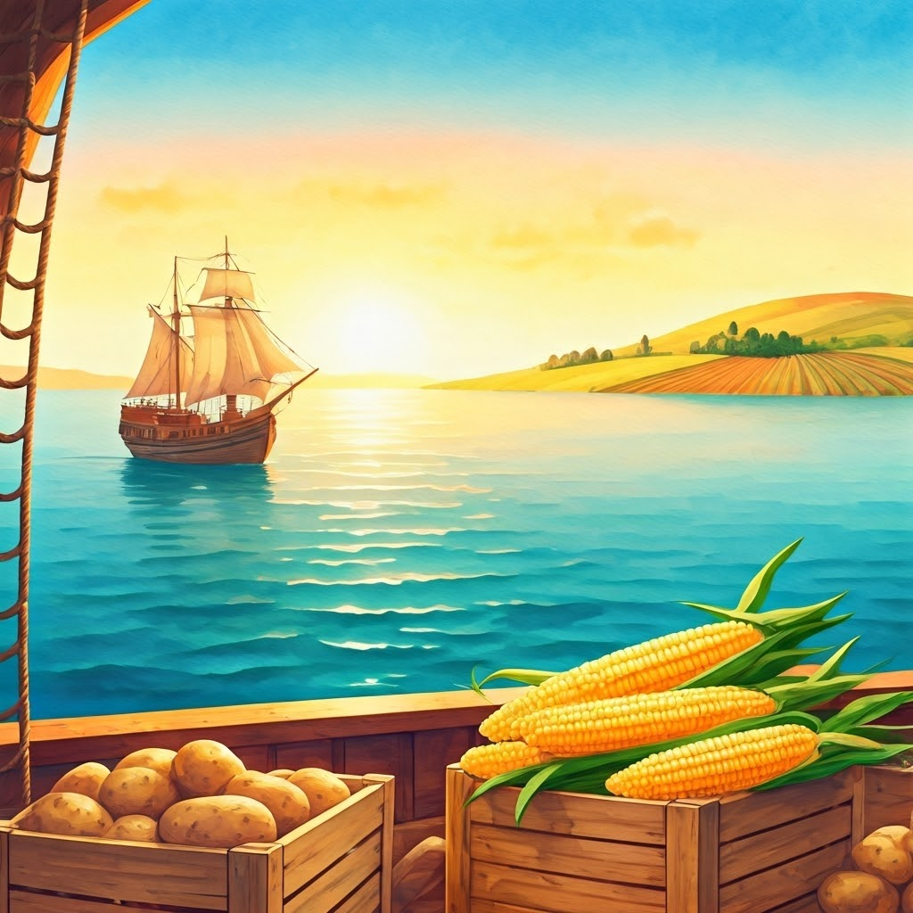 Watercolor of a Spanish galleon carrying potatoes and corn toward distant European farms under a golden sunset