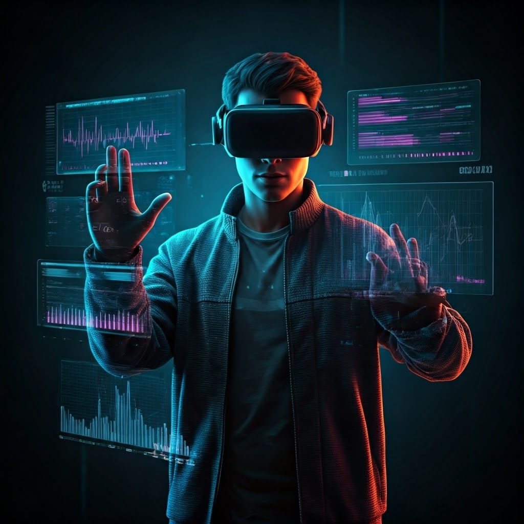 Person wearing a sleek VR headset in a dim room, neon data streams showing heart rate and breathing, cyberpunk lighting for an immersive tech scene.