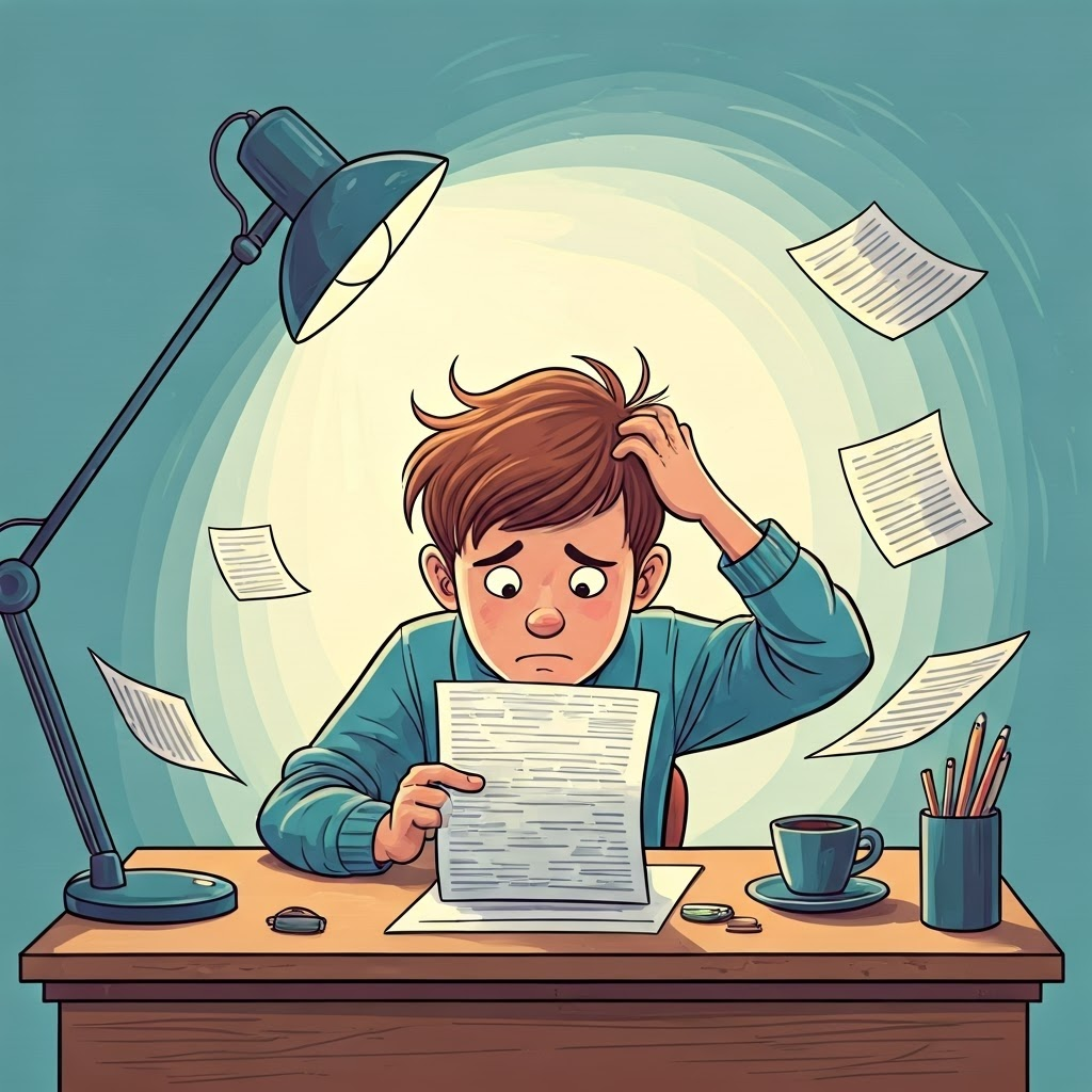 A puzzled person grapples with an endless form, capturing how dense paperwork blocks clear understanding.