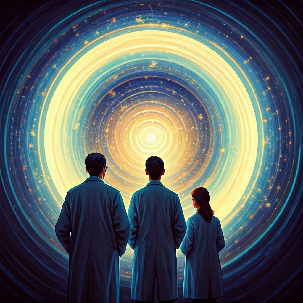 Scientists gazing through a portal into a swirling realm of glowing particles and waves, capturing wonder at quantum ideas