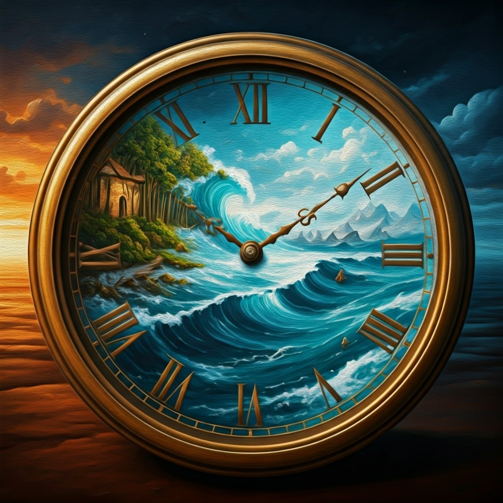 Oil painting of a vintage clock face dissolving into stacked layers of clouds, oceans, forests, and ice, symbolizing time-stepping.