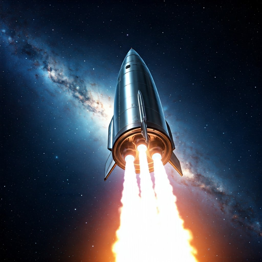 Rear view of a metallic rocket emitting bright exhaust into a star-filled vacuum.