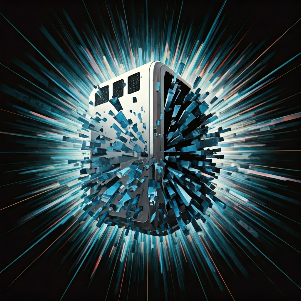 Glitch art of a toaster element shattering into blue-violet shards, symbolizing the ultraviolet catastrophe