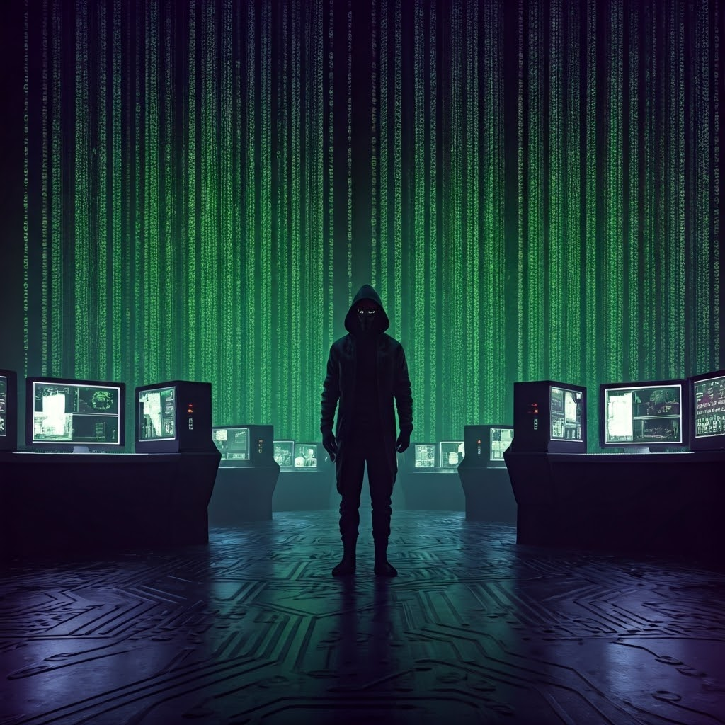 Neon cyberpunk scene showing masked hacker amid streams of binary code, symbolizing hidden malware threats.
