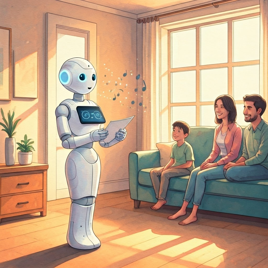Friendly Pepper robot pronounces local names perfectly to a family in a cozy living room, showing speech recognition accuracy