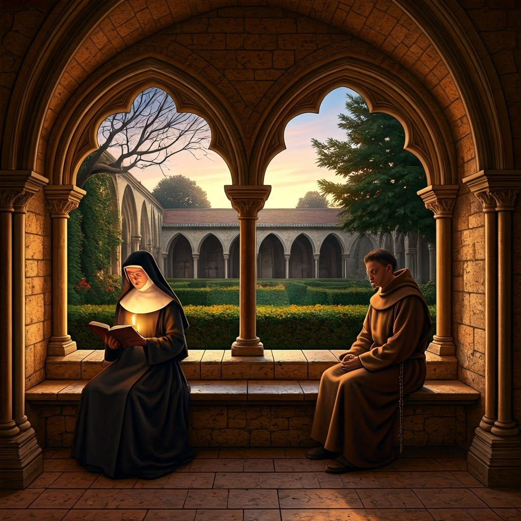 Cloister garden with a nun reading and a friar reflecting at dawn, evoking inward devotion.