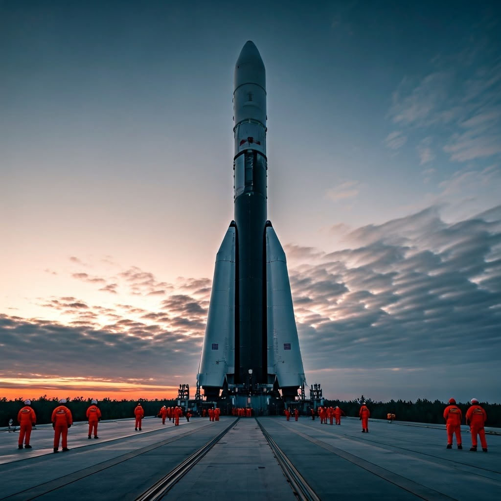Dramatic wide-angle photo of a towering super-heavy rocket on a foggy pad at dawn, engineers standing nearby to show scale