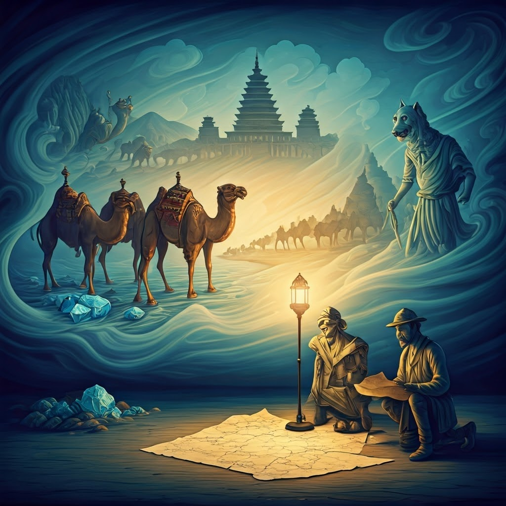 Explorers pore over a map while visions of camel caravans and pagodas float around them