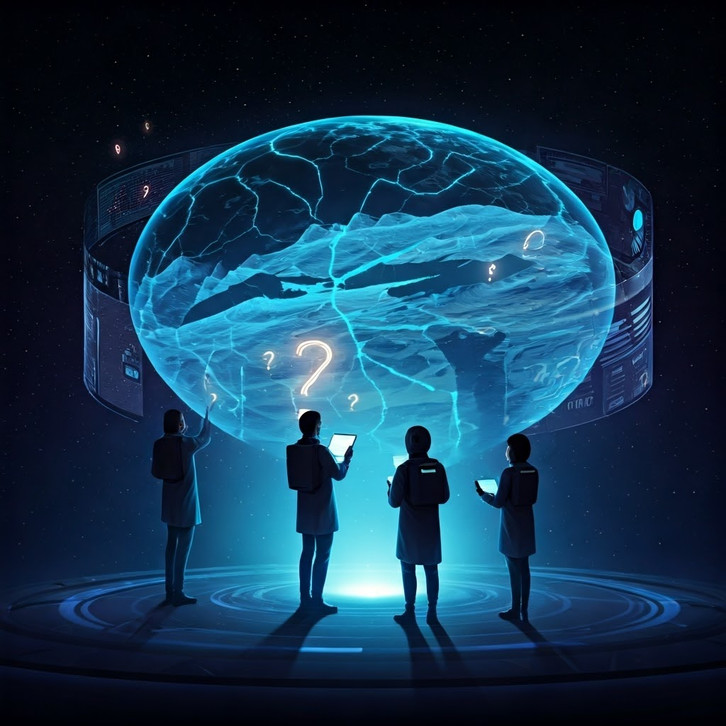 Illustration of diverse scientists studying a holographic map of Europa’s glowing ice fractures, symbolizing early mission brainstorming and discovery.