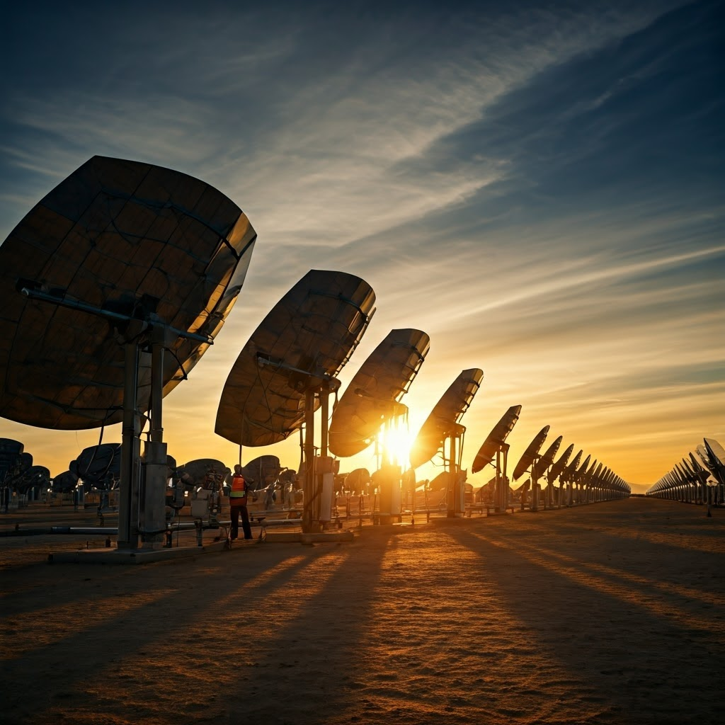 Field of parabolic mirrors in desert, illustrating large-scale solar-thermal power.
