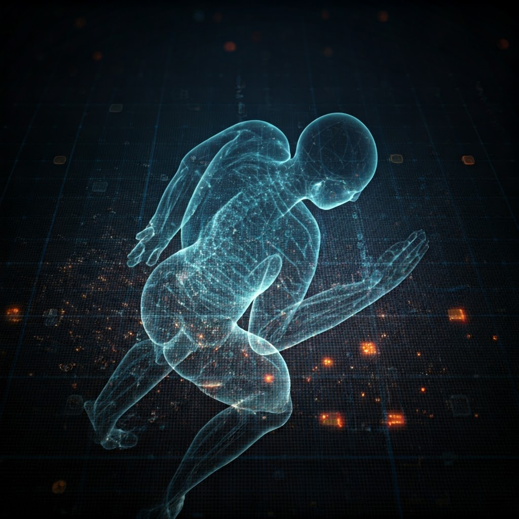 Abstract chest CT built from glowing cubes, revealing data patterns to an observing phantom figure.