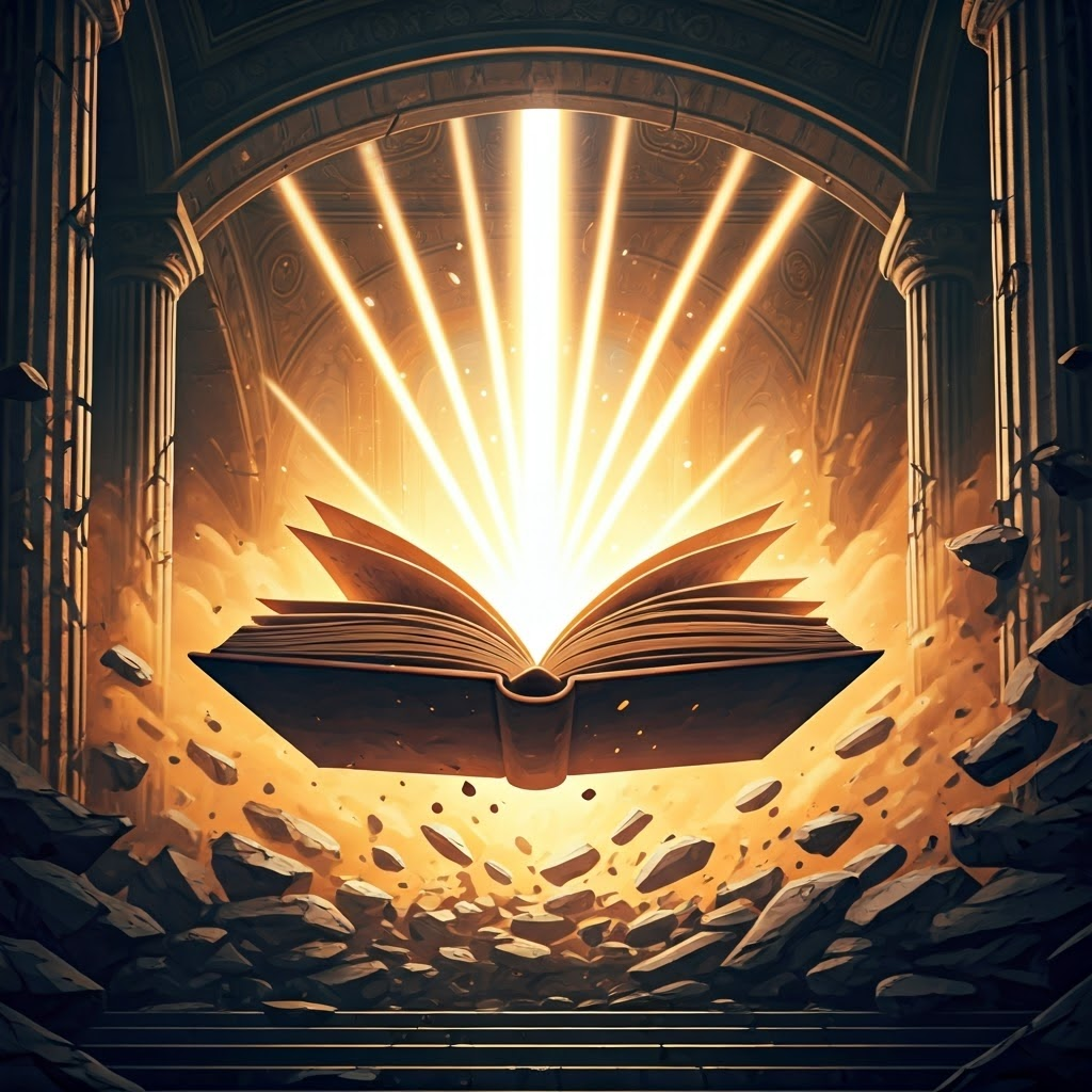 Floating cracked book releasing light over crumbling columns, surrounded by graffiti-like slogans.