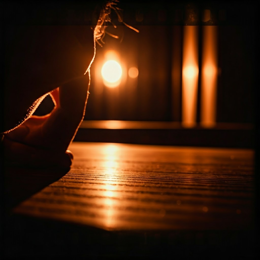 Person pressing an ear to a wooden table, vintage film look highlighting clear sound through solids.