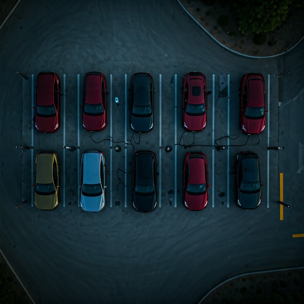 Overhead view of drivers at a multi-plug public charger, some waiting, some charging