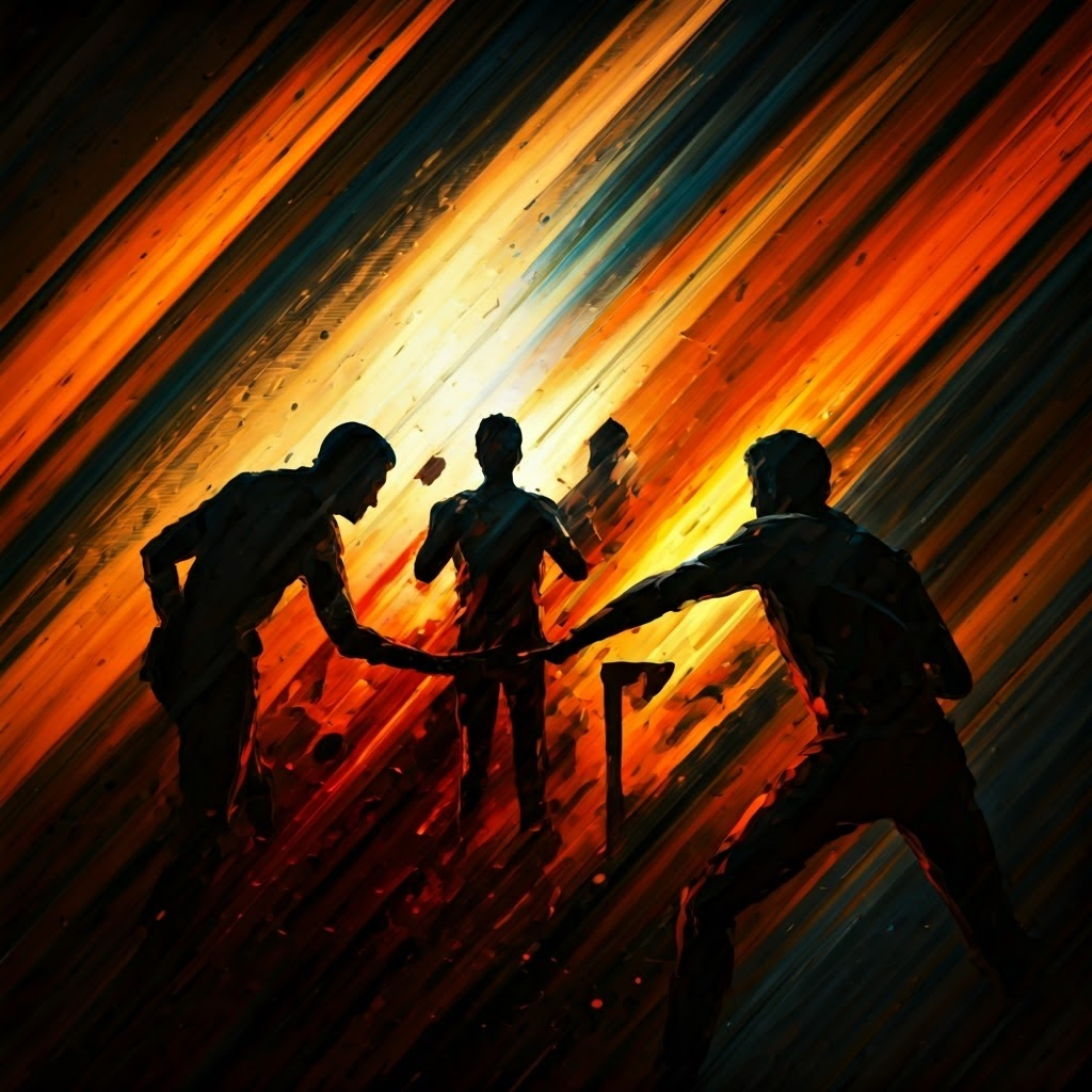 Figures vigorously debating in an energetic setting, capturing changing norms of thought