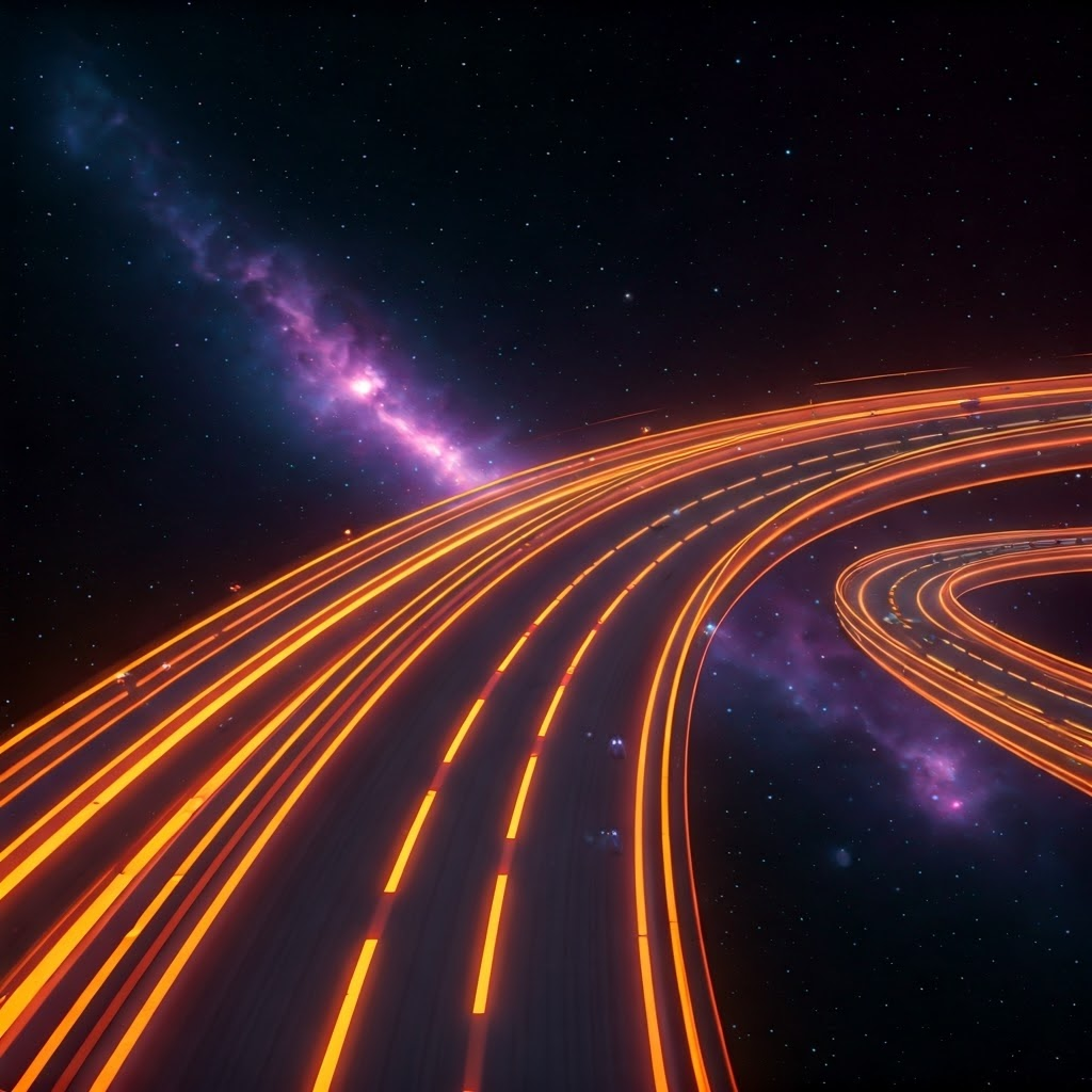 Neon-lit star highways curve through space, symbolizing spiral arms bustling with activity