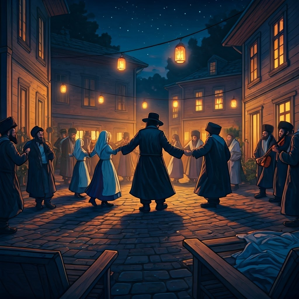 Village square where Hasidic families dance in a circle under lanterns, radiating communal joy.