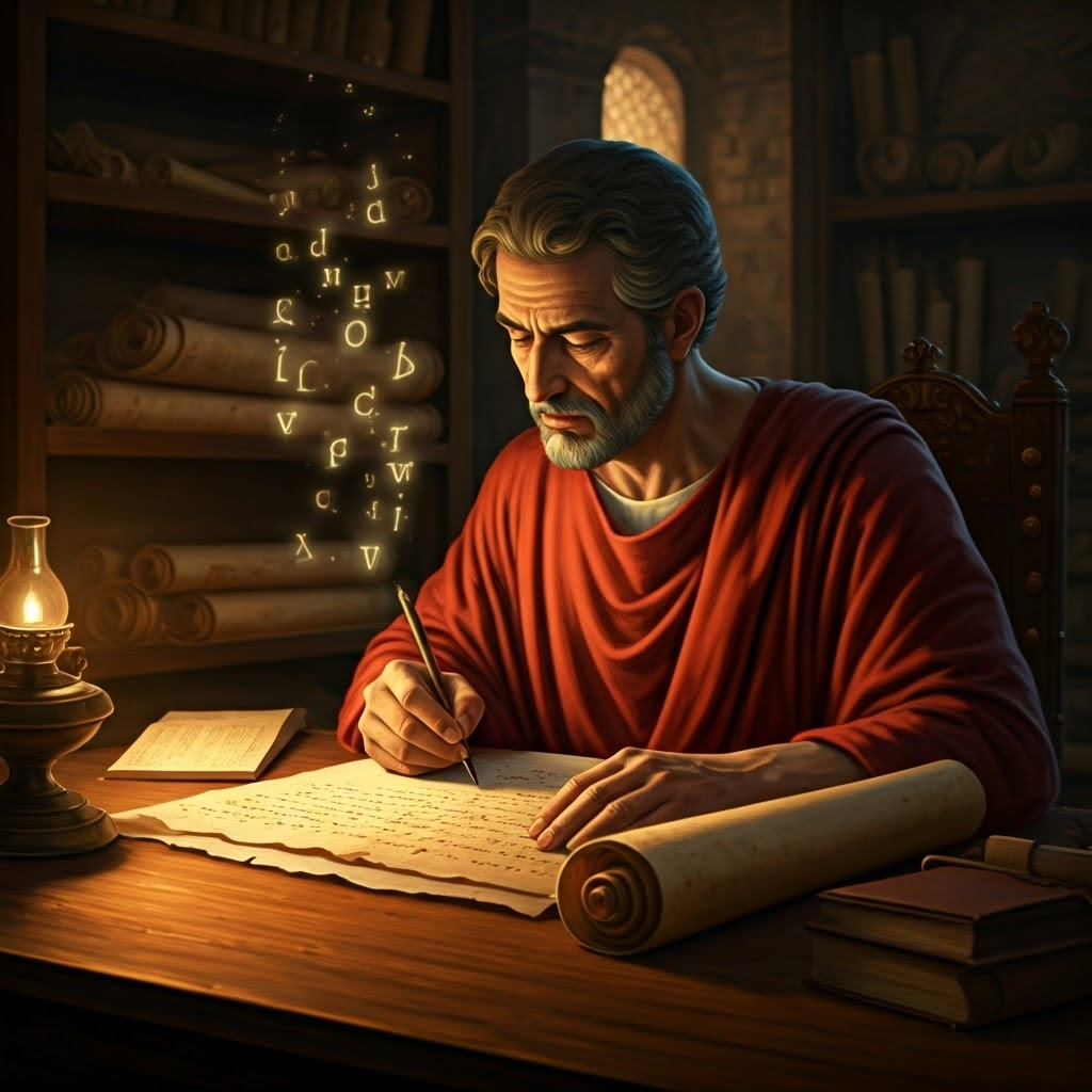 An ancient scholar shifts glowing Latin letters on a papyrus scroll, showing the Caesar cipher in action.