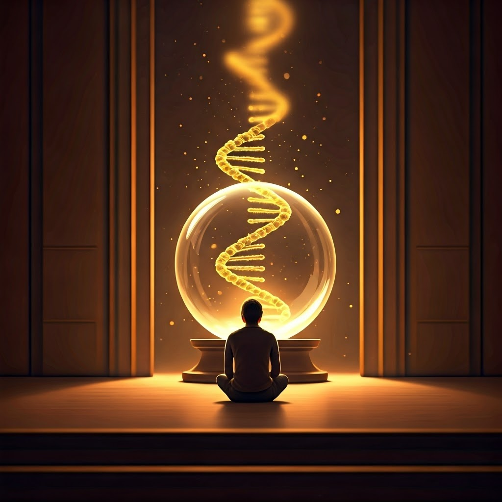 A person studies a glowing helix rising from a crystal sphere, hinting at the heavy choice of learning one’s genetic future.