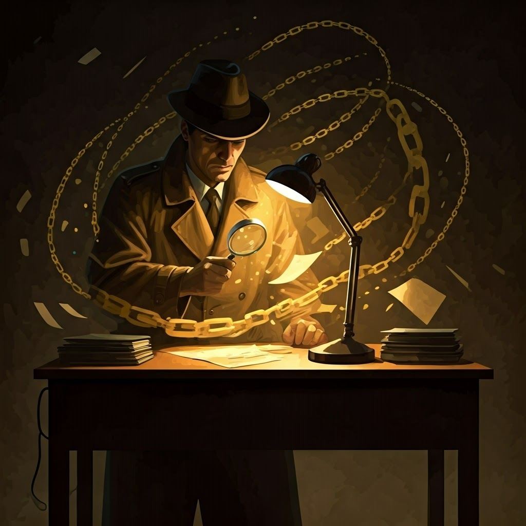 Detective examining code fragments to portray the investigative nature of data cleaning.