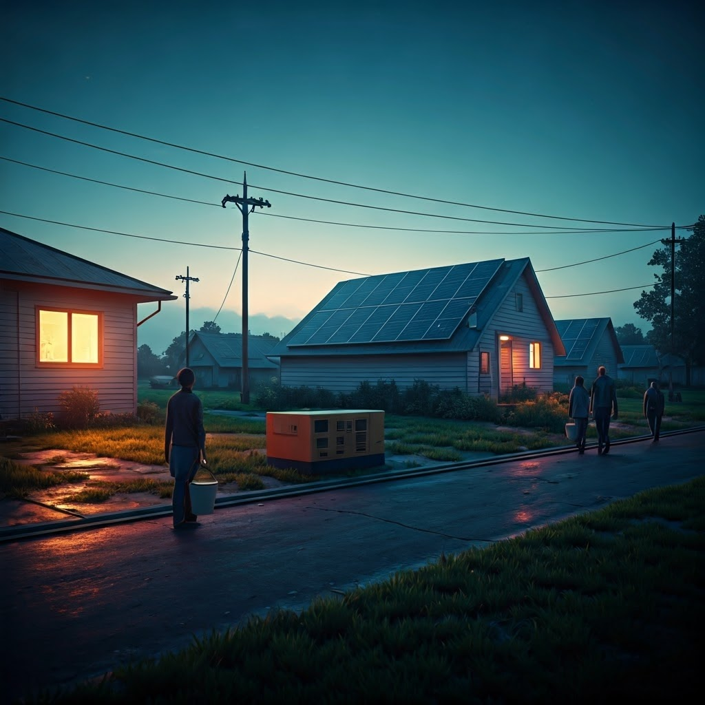 A rural town on the grid’s edge glows with noisy diesel generators while neighbors gather funds for new solar panels and a shared battery.