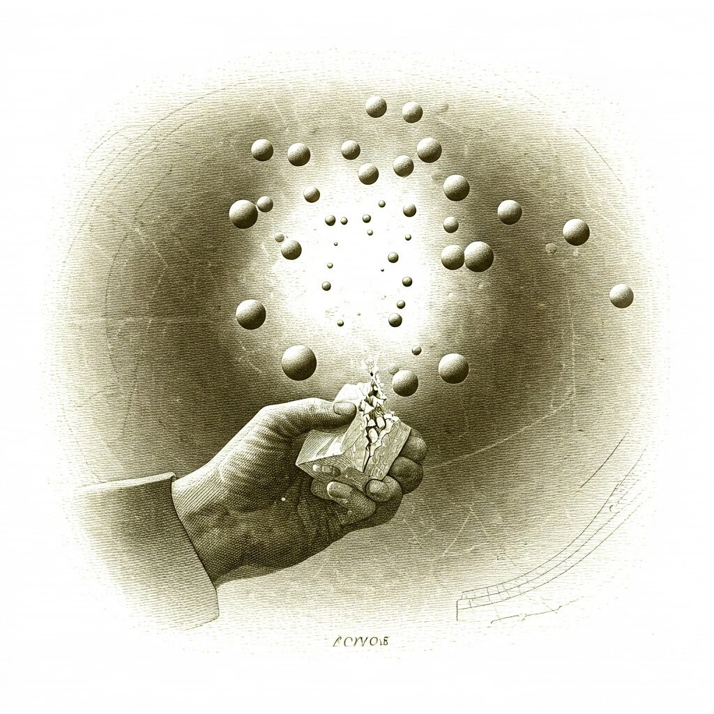 Antique illustration of atoms colliding explains early atomic theory.