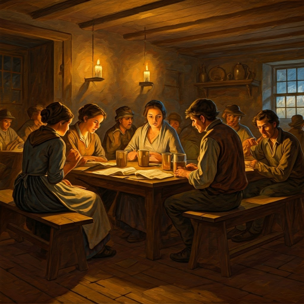 Tavern scene where ordinary people share pamphlets and books, feeling newly empowered by radical ideas.