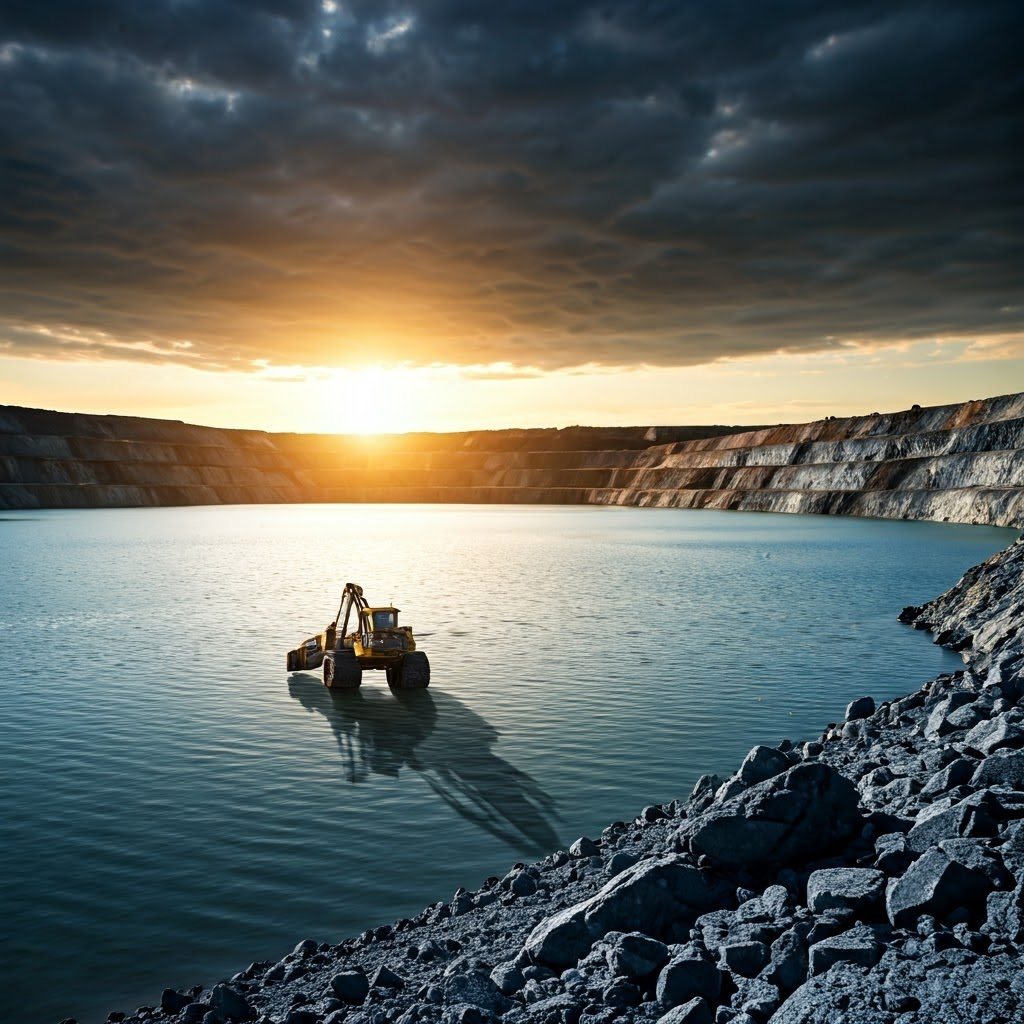 Open-pit lithium mine with machines and polluted water under a dark sky