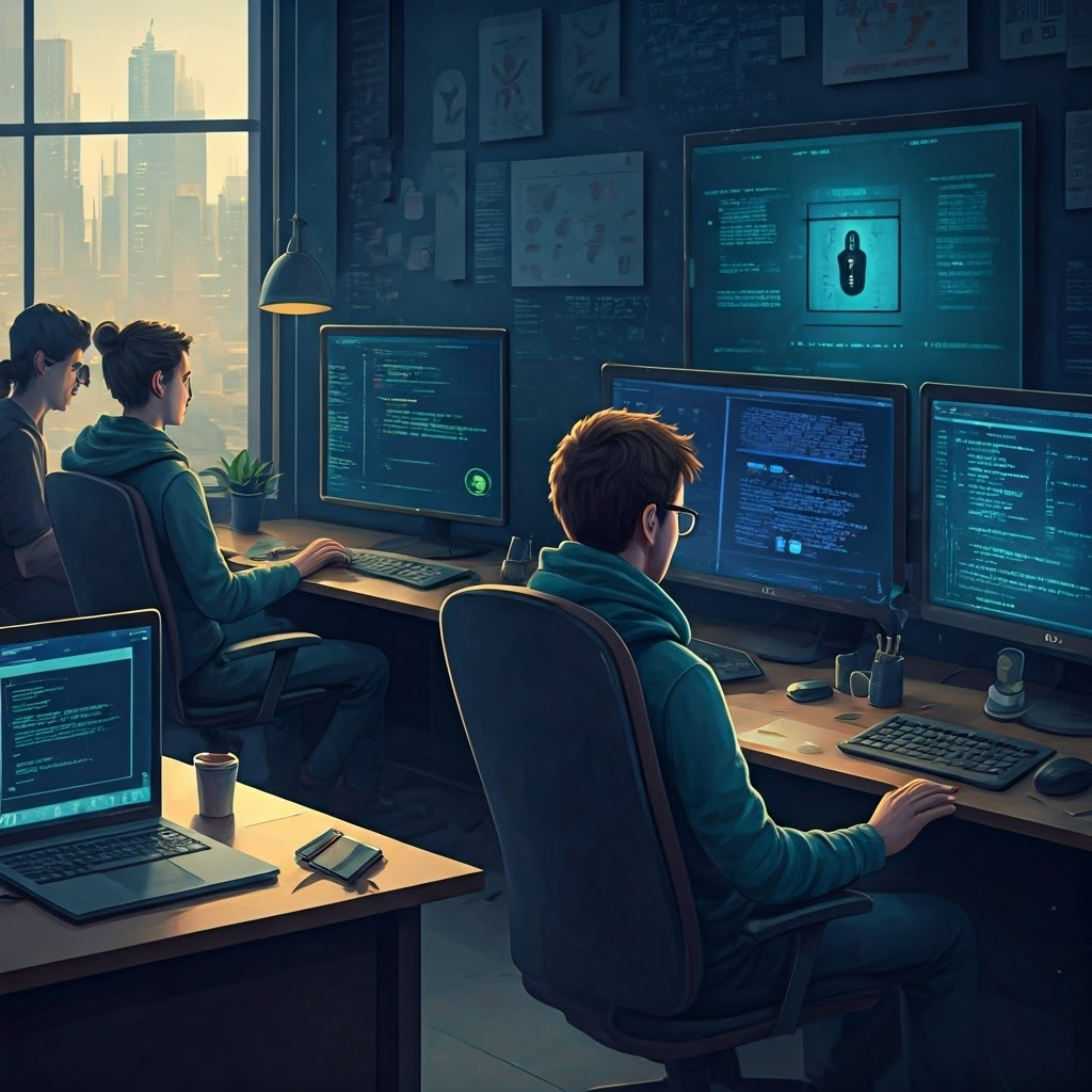 Coders and artists gather around screens showing open-source AI code beside a locked corporate console.