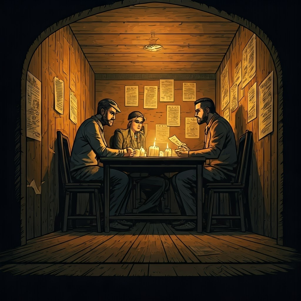 Candlelit room where people share secret leaflets under peeling government notices.