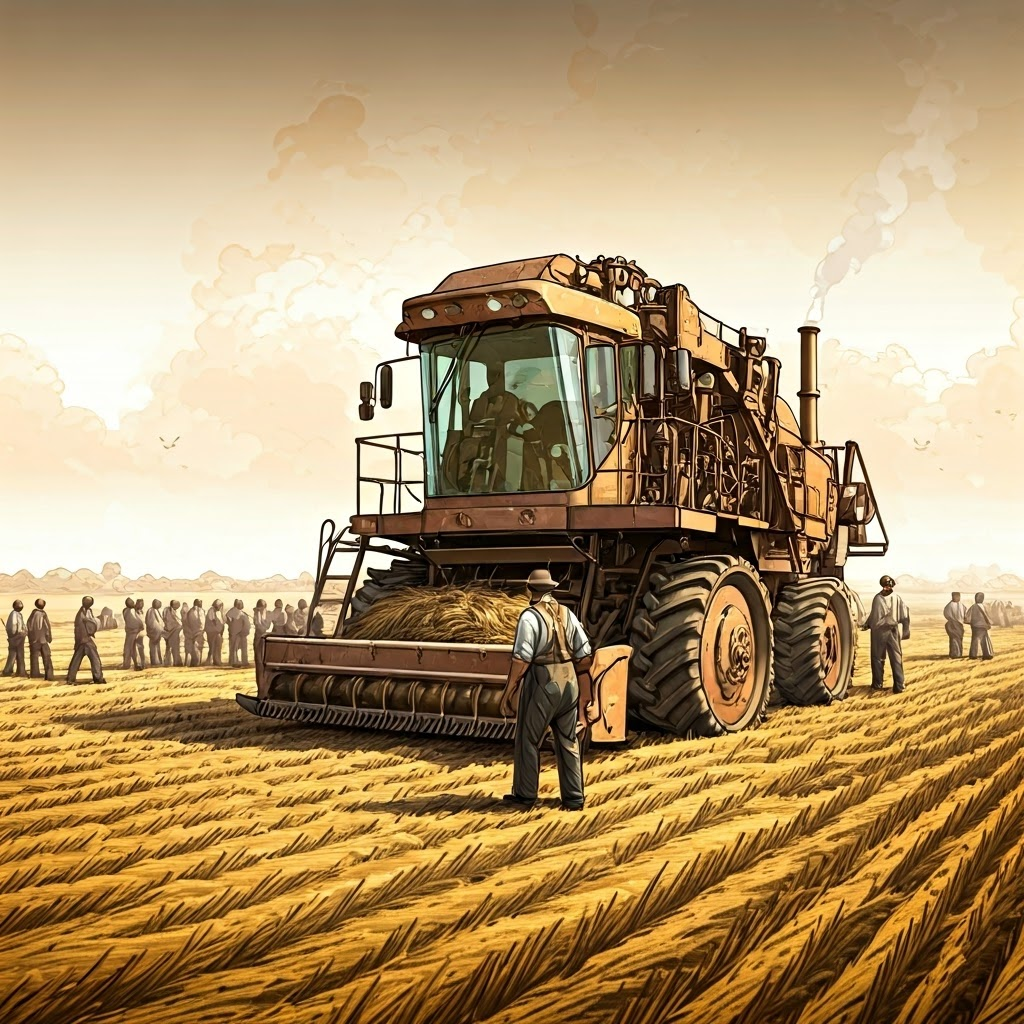Large threshing machine replacing many farm laborers in a dusty field