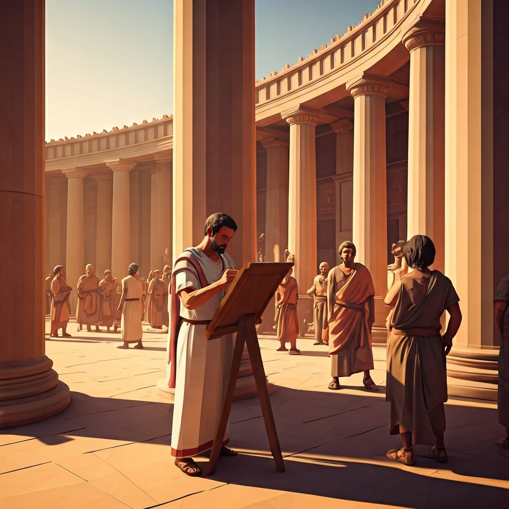 Praetor inscribes an edict on a wooden board as citizens wait beneath columns