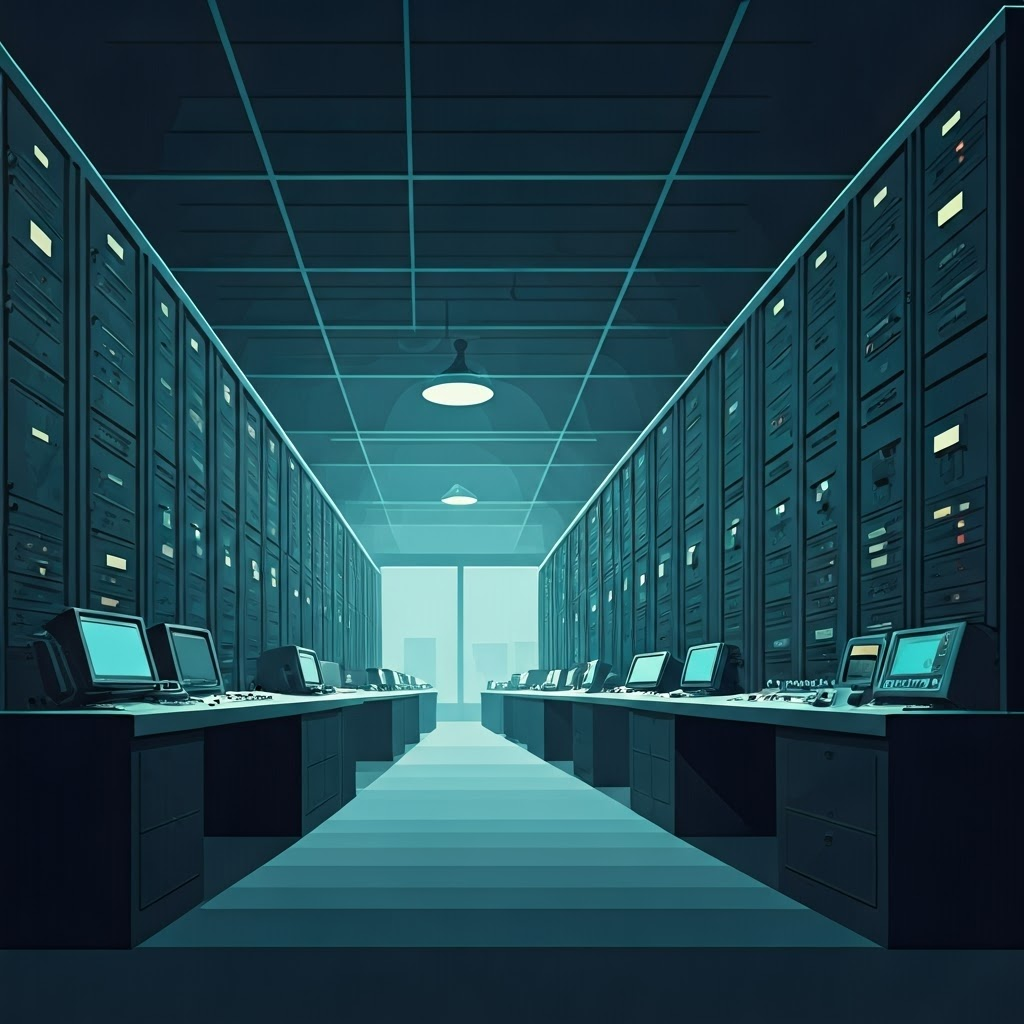 Clean mid-century mainframe hall with endless metal cabinets and stacks of punched cards.