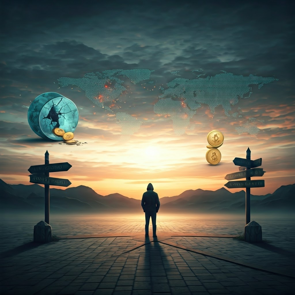 A chain of dangers shows a hacker, a cracked smart contract, a leaking liquidity pool, shifting regulations, and a confused user at a crossroads.