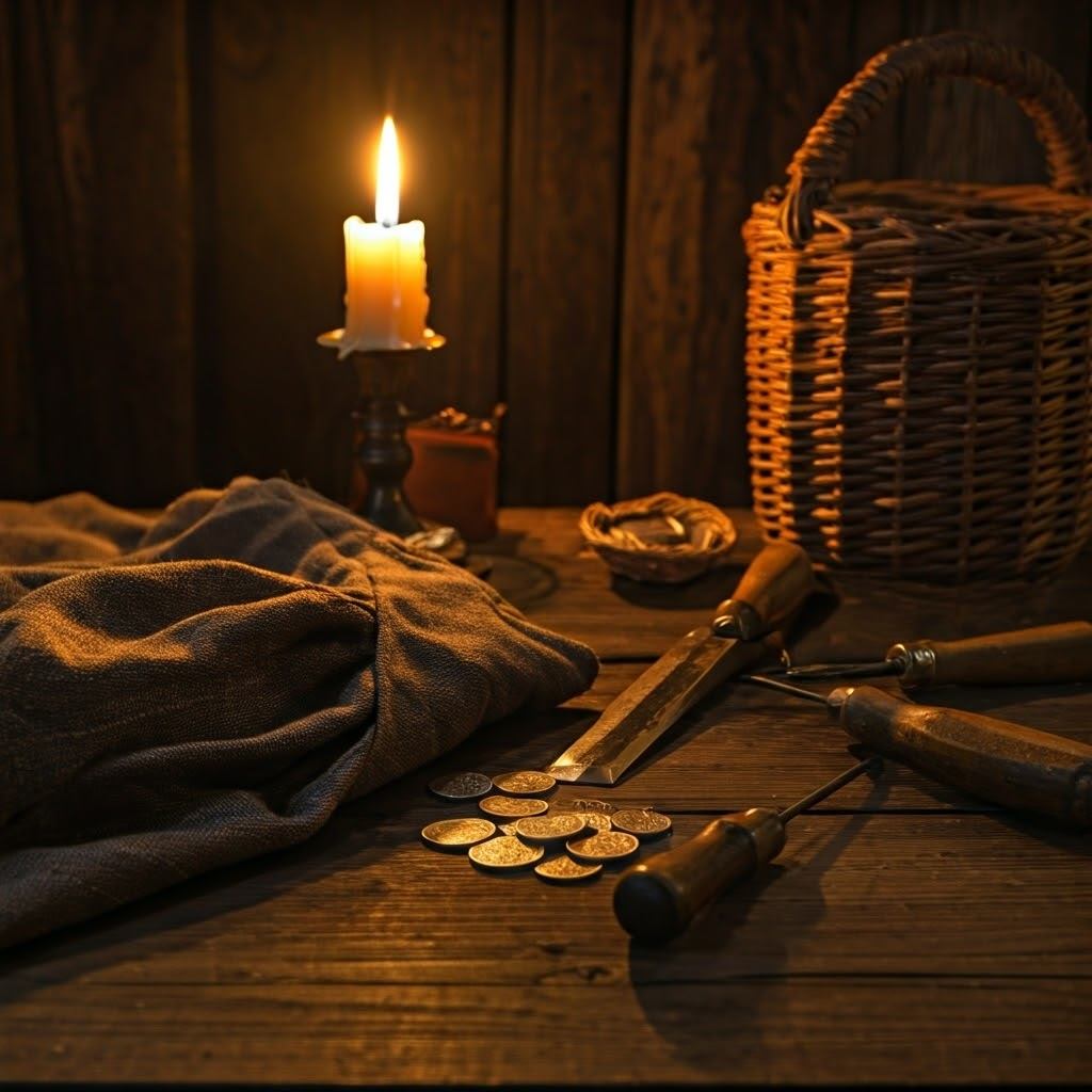 Photorealistic scene of worn dress, tools, and merchant counting coins