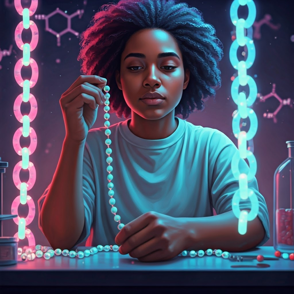 Illustration of a focused person assembling glowing amino-acid chains in a futuristic lab, highlighting the role of proteins