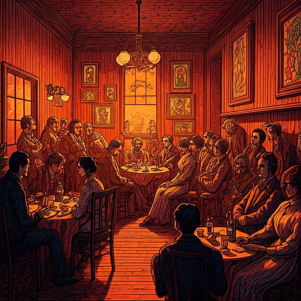 Diverse people gathered in salons, exchanging ideas and critiquing each other's reasoning