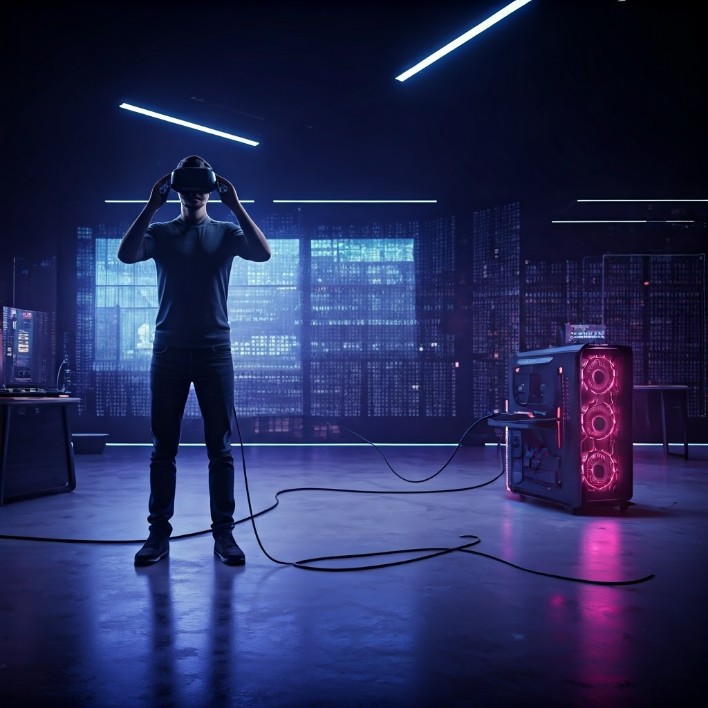 Person tests a tethered VR headset linked to a gaming PC in a neon-lit showroom.
