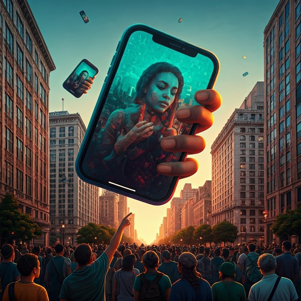 An energetic collage of giant floating memes and short videos in a bustling city square, where activists of all ages hold up smartphones displaying viral images and hashtags like #BlackLivesMatter. The floating content glows in bright vibrant colors—turquoise, magenta—and casts dynamic reflections on nearby buildings. People gather below, pointing and reacting excitedly, the urban environment bathed in soft golden hour light. Surreal mosaic style with high color saturation and smooth textures.